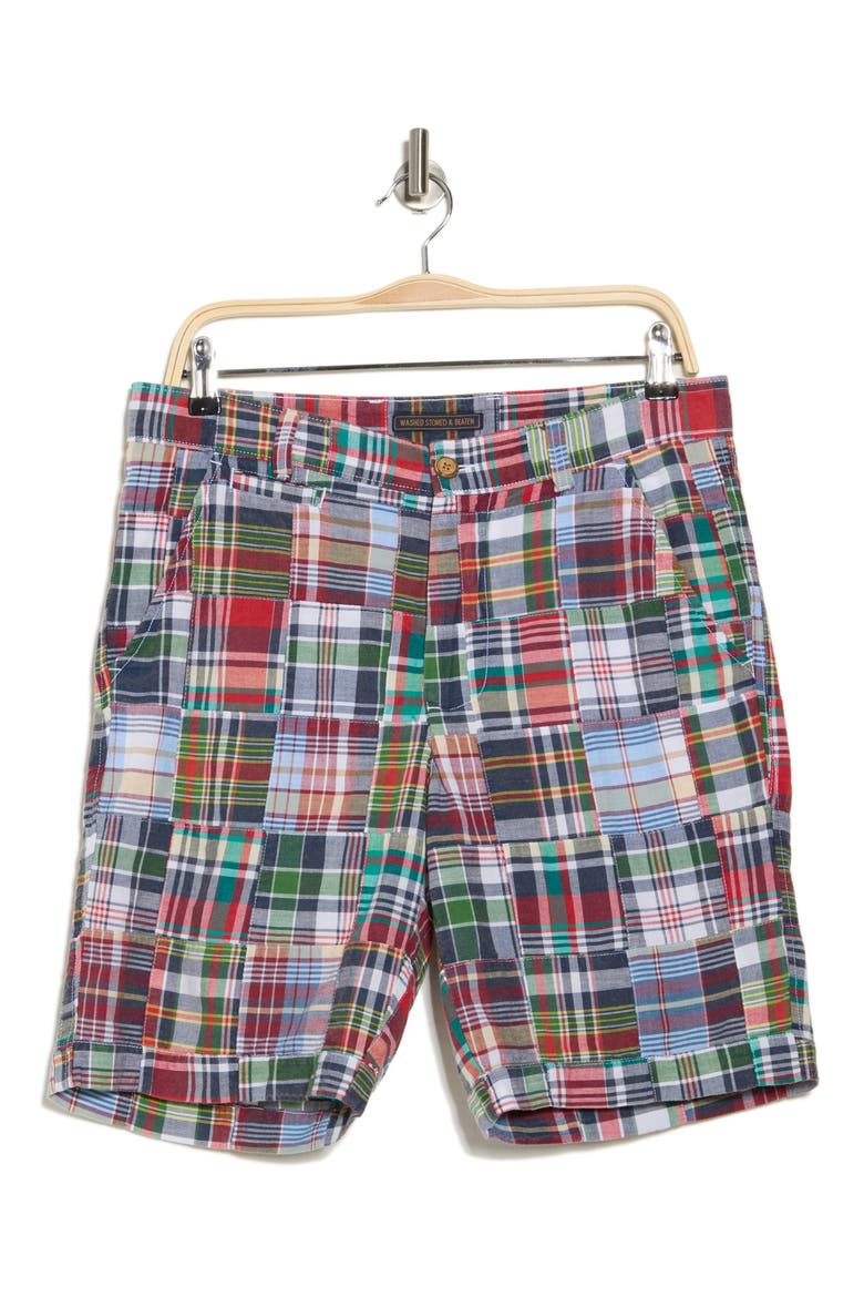Acid Wash Patchwork Madras Plaid Shorts, Alternate, color, NAVY