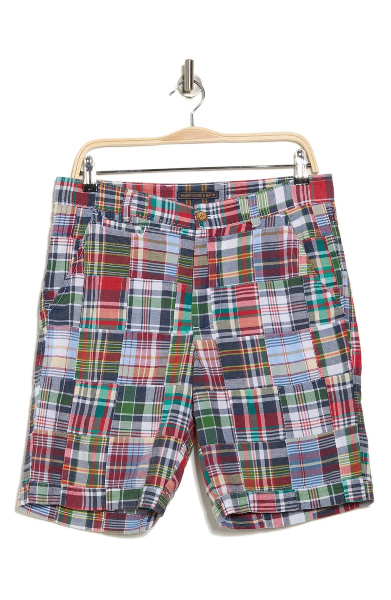 Vintage 1946 Acid Wash Patchwork Madras Plaid Shorts, Alternate, color, Navy