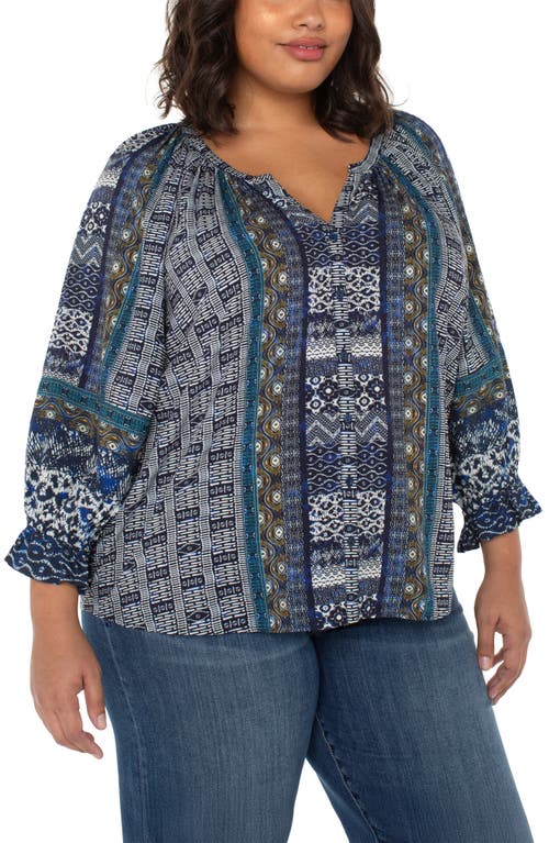 Liverpool Los Angeles Plus Size Printed V-neck Button-front 3/4-sleeve Blouse In Blue