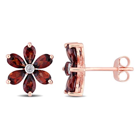 Garnet & Diamond Floral Stud Earrings 10k