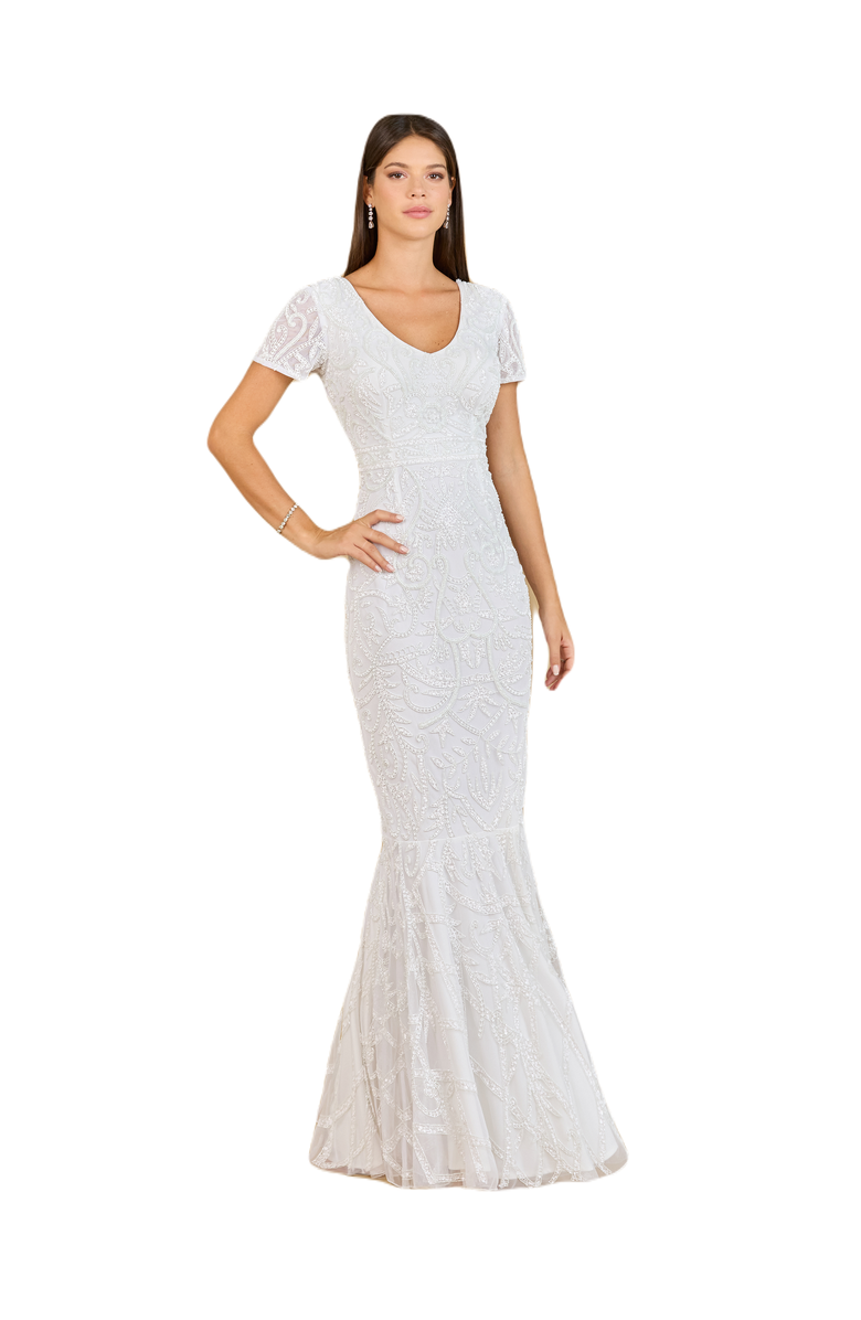 LARA New York Cap Sleeve Beaded Wedding Gown, Main, color, Ivory
