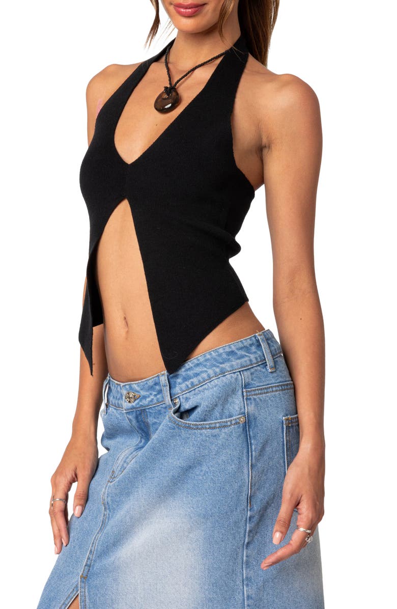 EDIKTED Sculpt Split Front Halter Top, Alternate, color, Black
