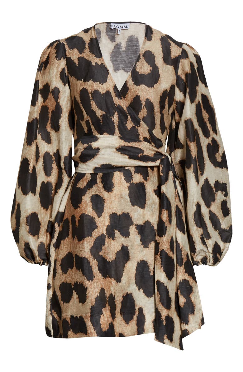 Ganni Leopard Print Long Sleeve Linen & Silk Wrap Dress, Alternate, color, 