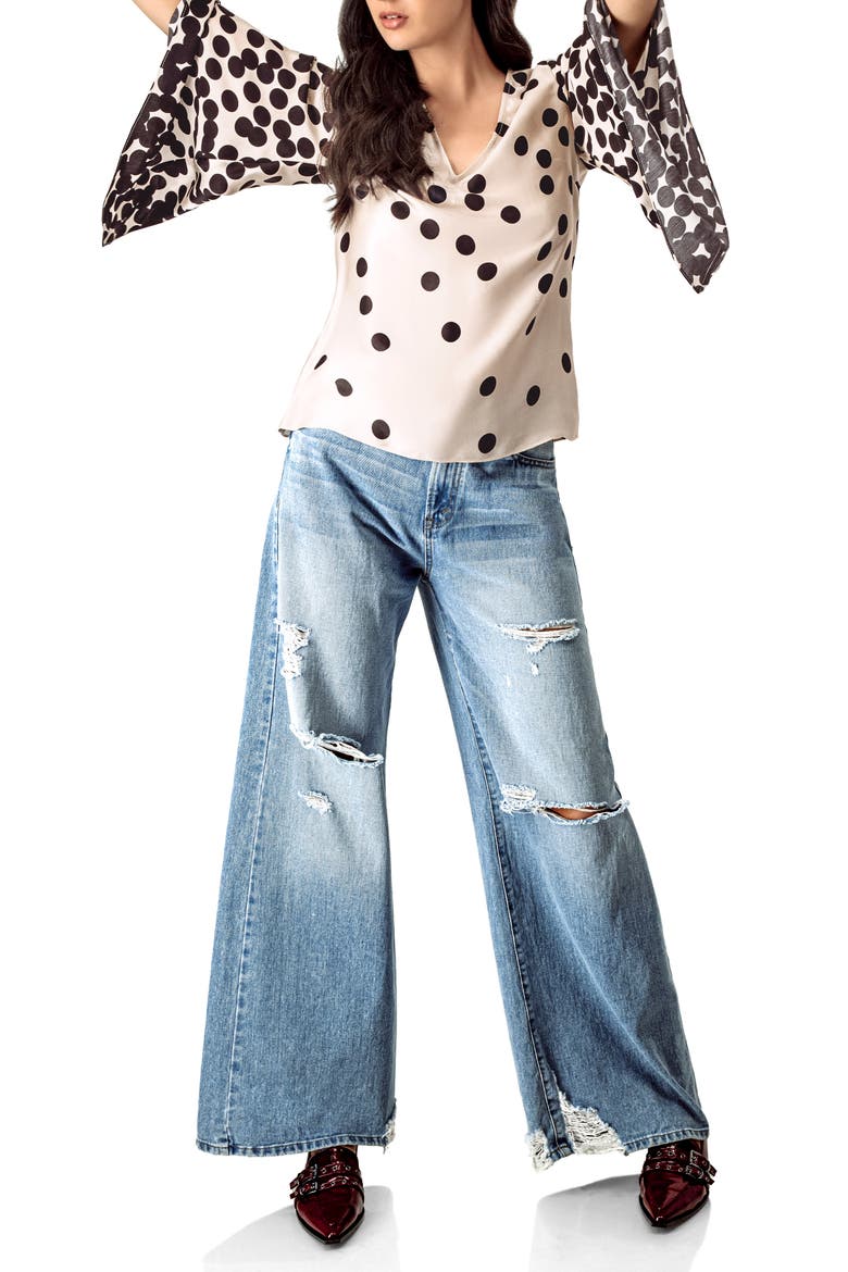 Polka Dot V-Neck Blouse with Wide Sleeves, Alternate, color, Natural