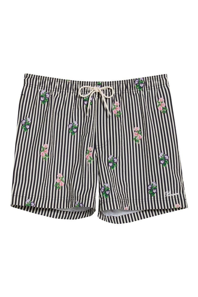 Bouquet Embroidered Stripe Swim Trunks, Alternate, color, BLACK/ WHITE