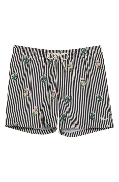 Bouquet Embroidered Stripe Swim Trunks