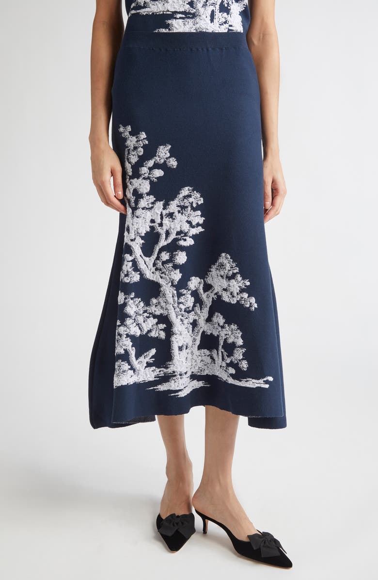 Erdem Etching Jacquard A-Line Knit Midi Skirt, Main, color, Cyanotype Etching Navy