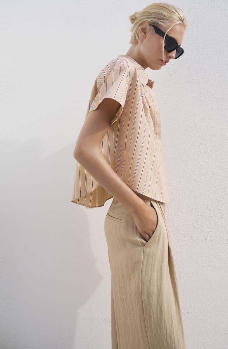 MANGO Stripe Short Sleeve Poplin Button-Up Shirt, Alternate, color, Light Brown