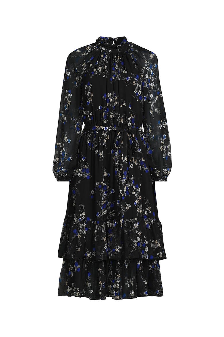 Crinkle Chiffon Ruffle Dress, Alternate, color, Black/Lapis Fall Floral