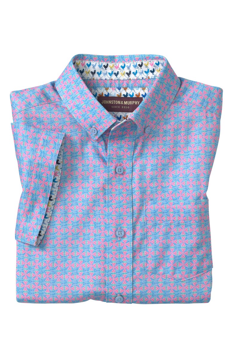 Johnston & Murphy Kids' Watermelon Print Short Sleeve Button-Up Shirt, Alternate, color, Blue