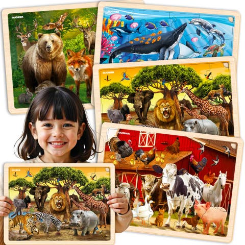 Wooden Puzzle Set for Kids - 24, 36 & 48 Piece Montessori Jigsaw Puzzles
