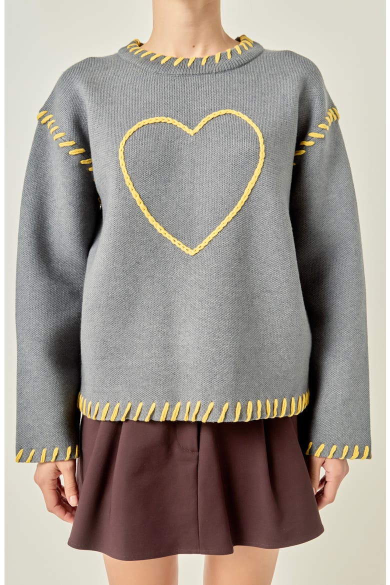 Heart Whipstitch Sweater, Alternate, color, GREY/ YELLOW
