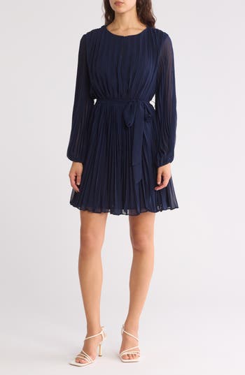Mila Mae Long Sleeve Pleated Minidress In Navy