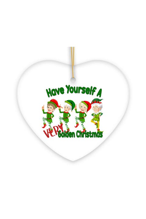 Very Golden Christmas Elf Heart Ceramic Ornament