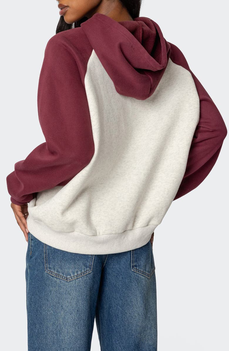 EDIKTED Bow Embroidery Oversize Colorblock Hoodie, Alternate, color, Burgundy-And-Gray-Me