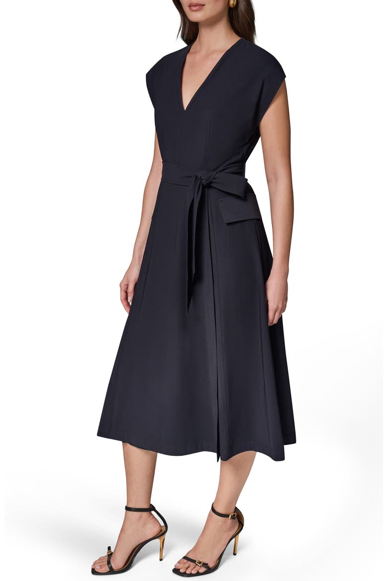 Belted Twill Midi Dress, Alternate, color, BLACK