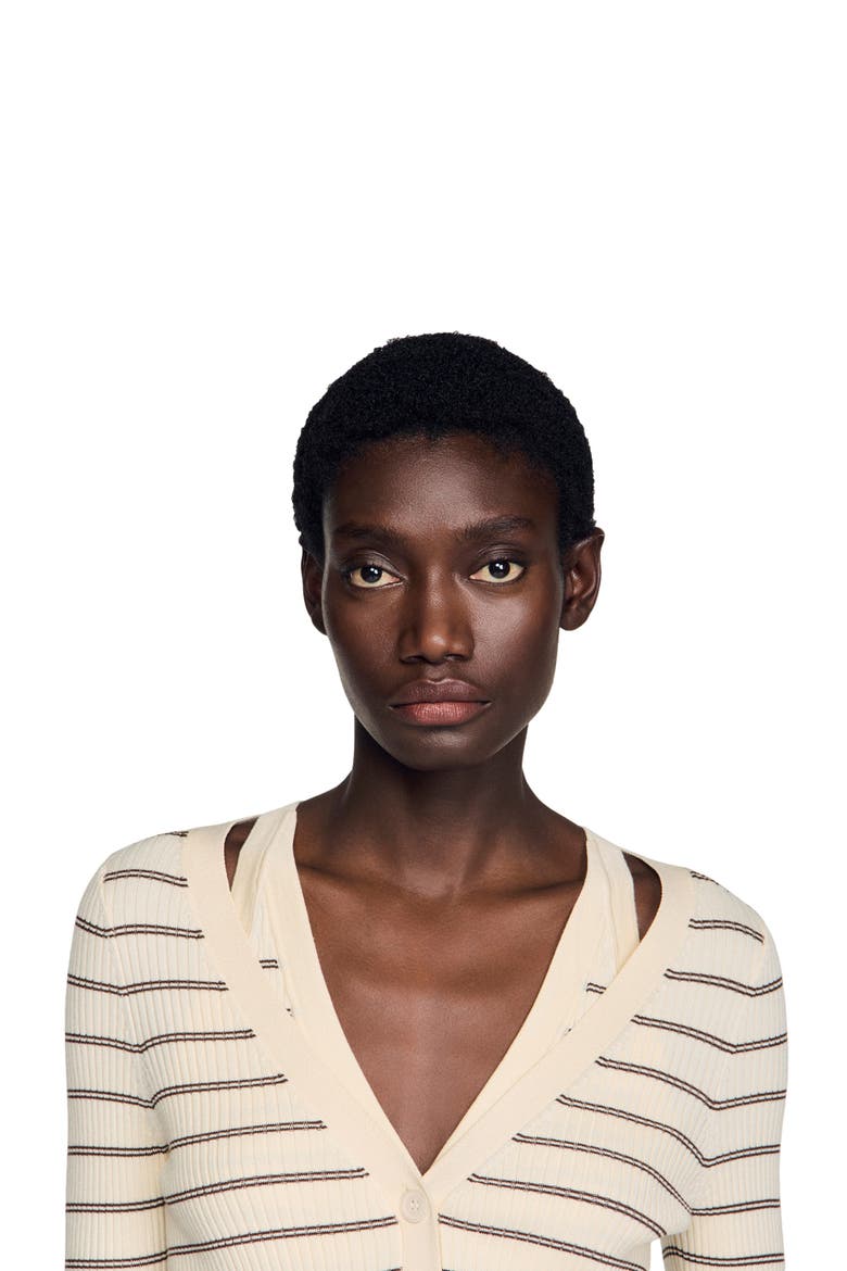 Striped ribbed cardigan, Alternate, color, Ecru / brown