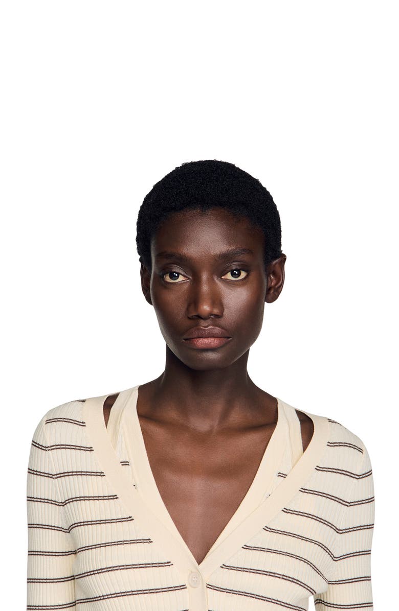 SANDRO Striped ribbed cardigan, Alternate, color, Ecru / Brown