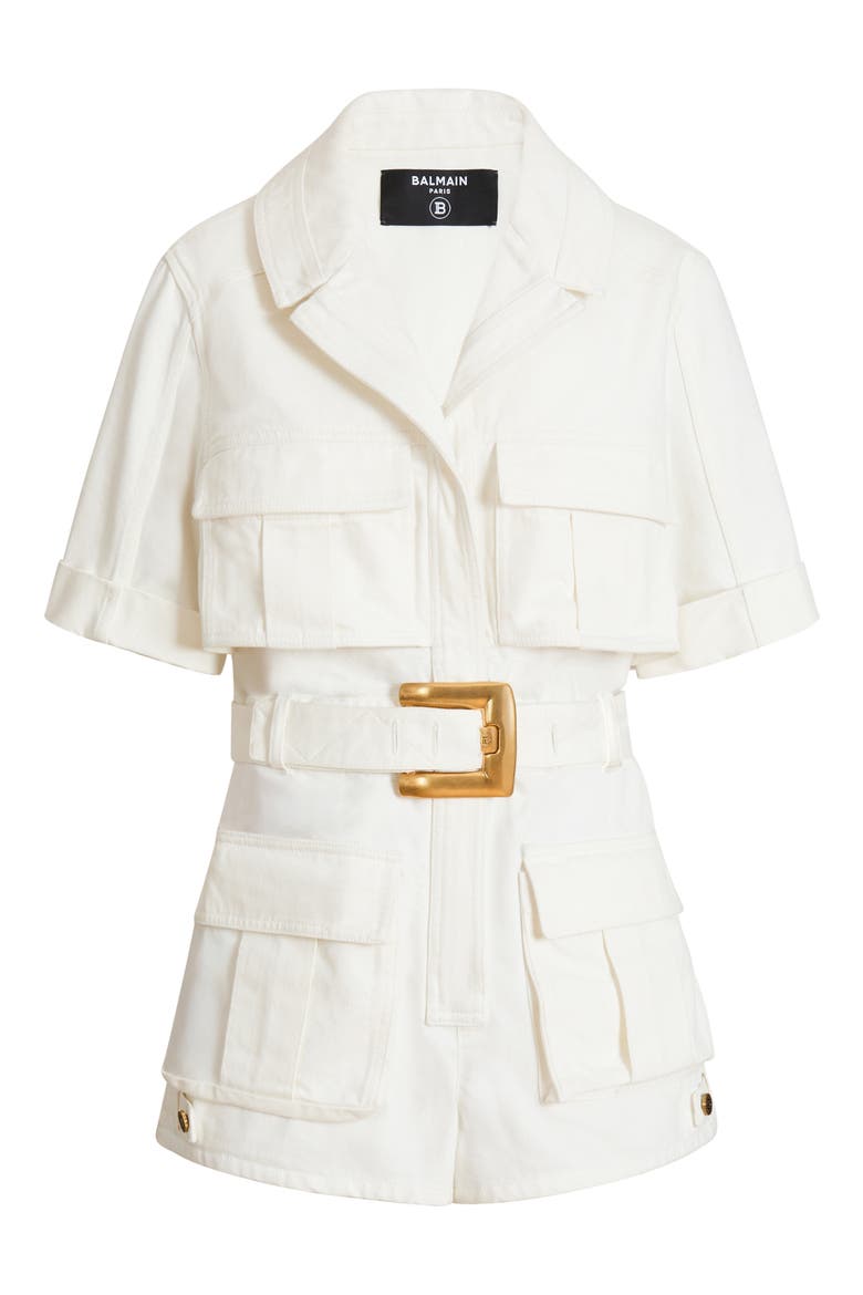 Belted denim playsuit, Alternate, color, white
