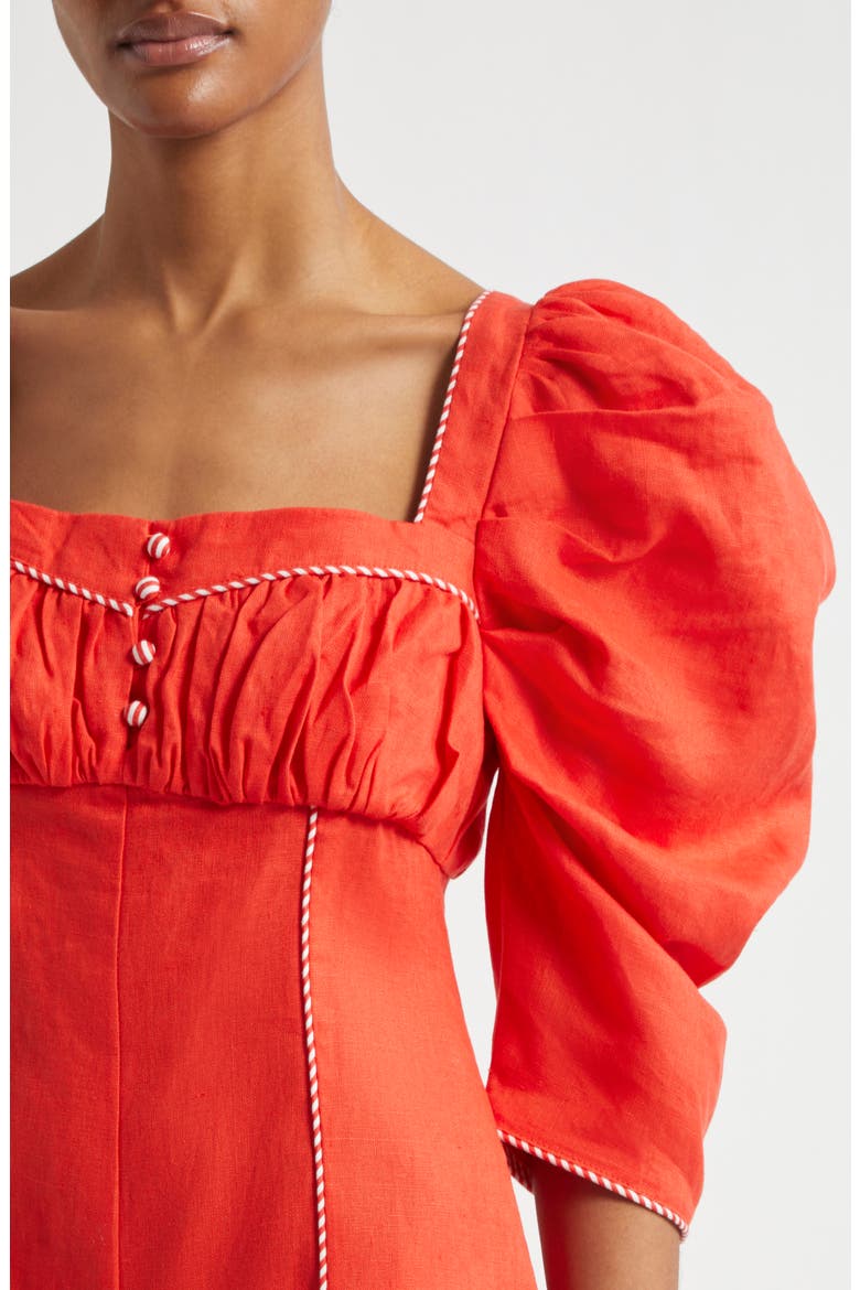 Puff Sleeve Linen Romper, Alternate, color, DARK RED