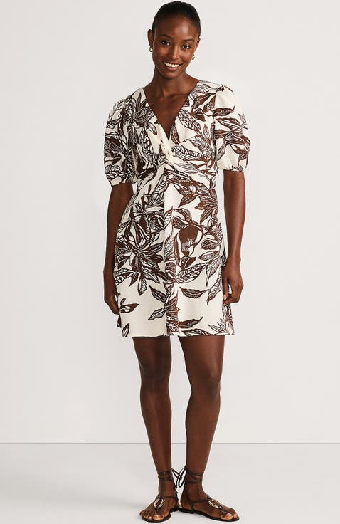 Linen Above the Knee Puff Sleeve Dress