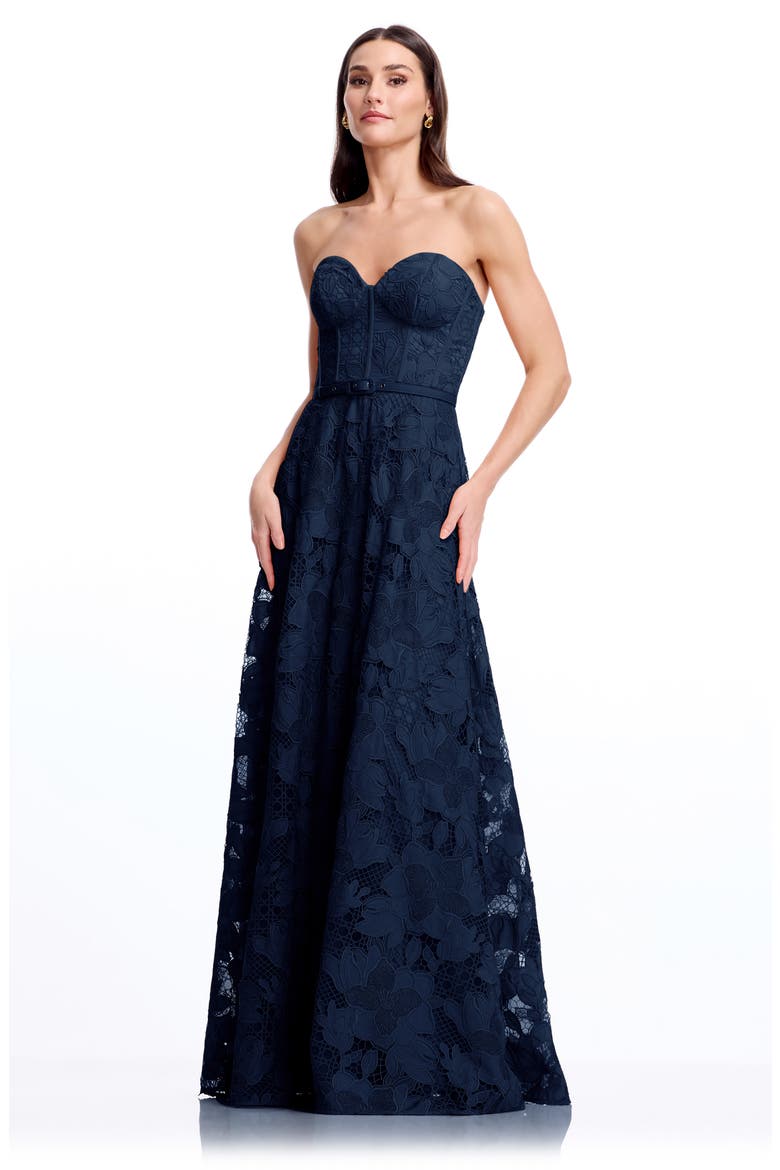 Pierson Floral Lace Belted Strapless Gown, Alternate, color, NAVY