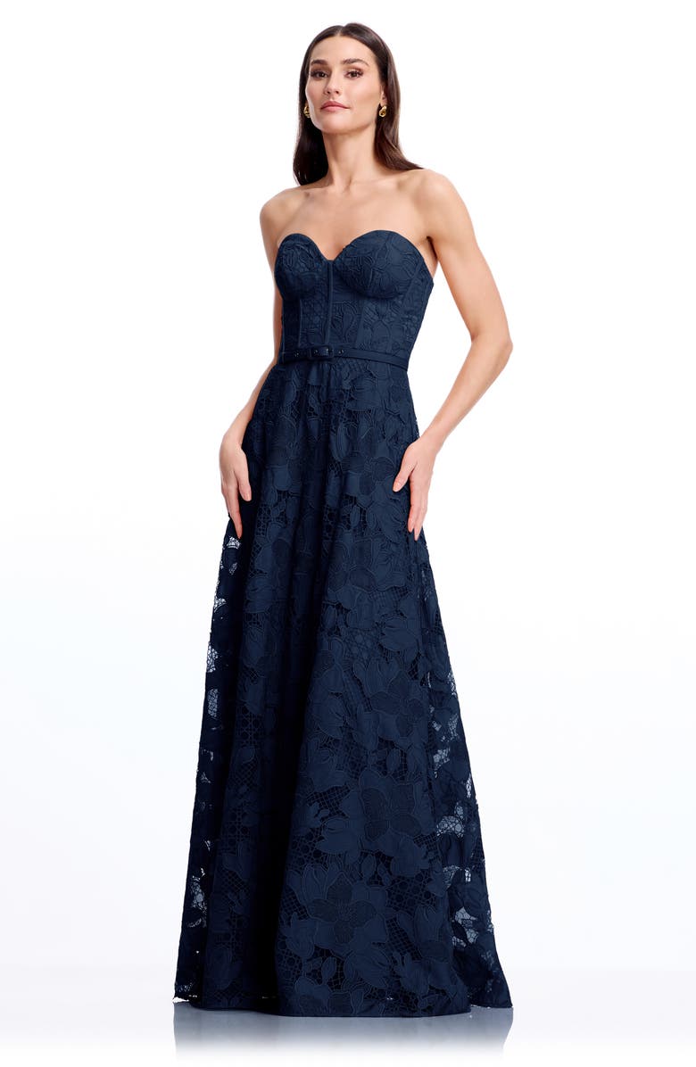 Dress the Population Pierson Floral Lace Belted Strapless Gown, Alternate, color, Navy