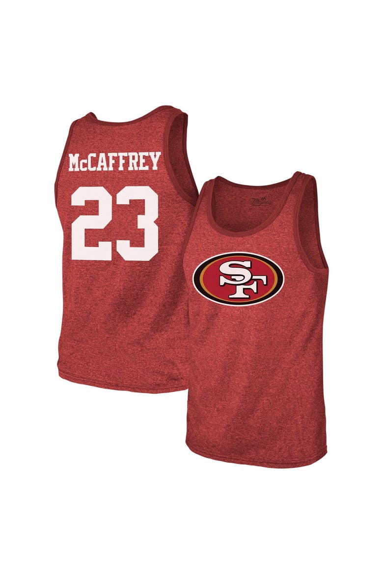 Men's Majestic Threads Christian McCaffrey Scarlet San Francisco 49ers Tri-Blend Player Name & Number Tank Top, Alternate, color, Scarlet