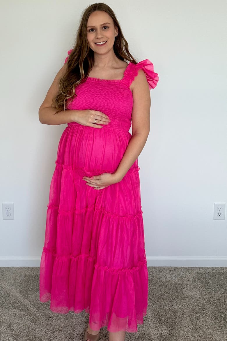 Smocked Mesh Ruffle Accent Midi Dress, Alternate, color, Fuschia