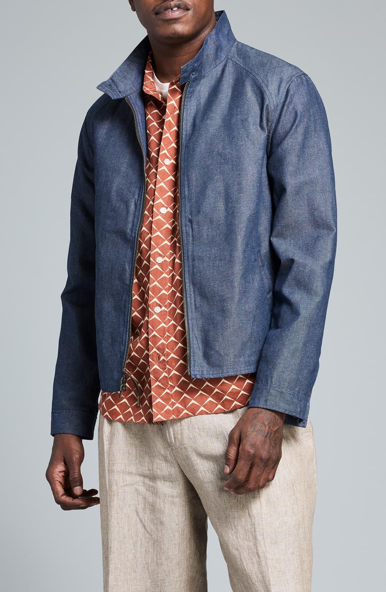Billy Reid Waxed Denim Harrington Jacket, Main, color, Indigo