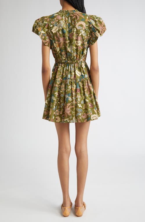 Ulla Johnson Izel Paisley-print Cotton Puff-sleeve Tie-waist Mini Dress In Green