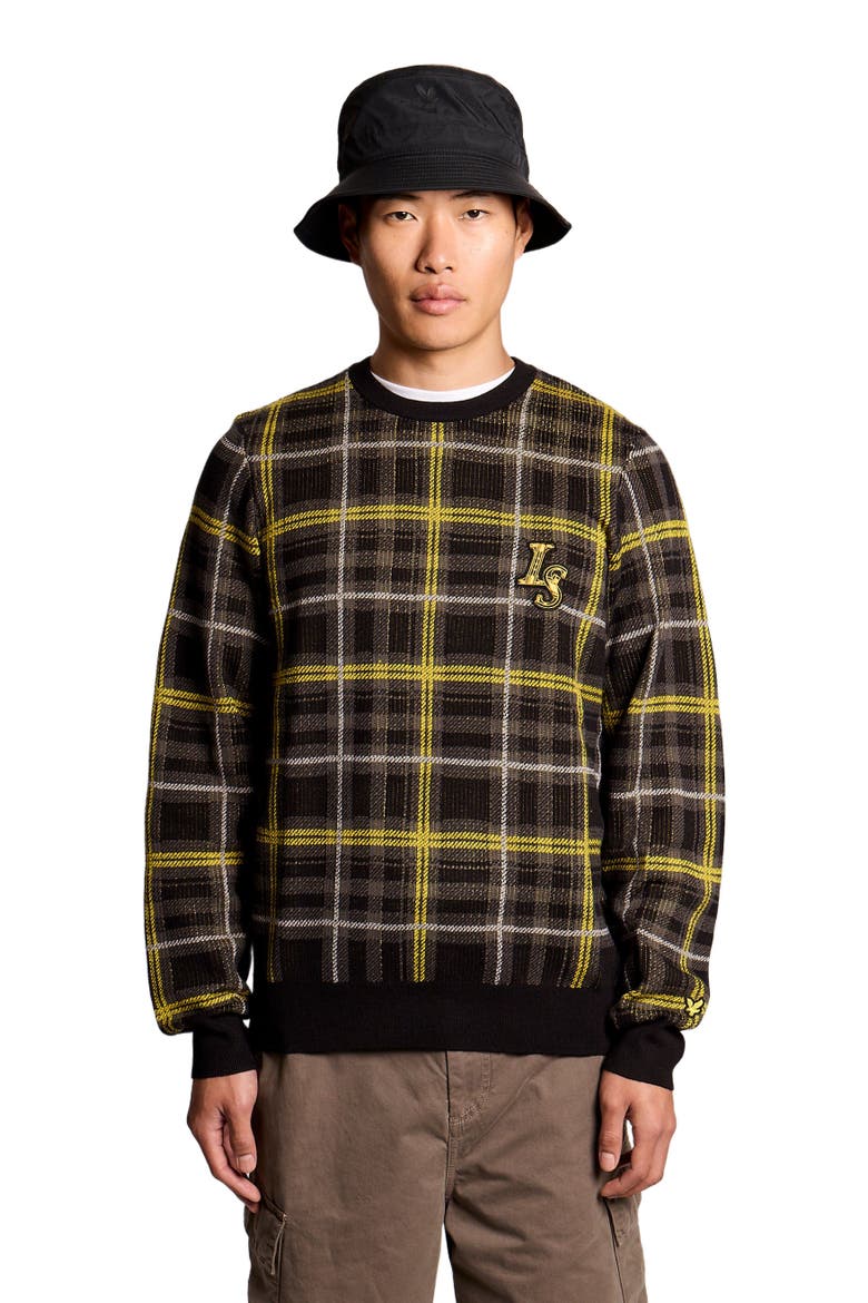 Ribbed Jacquard Tartan Crew Neck, Alternate, color, Jet Black