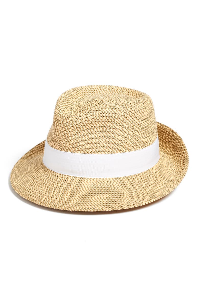 Classic Squishee® Straw Packable Fedora Sun Hat, Main, color, PEANUT/ WHITE