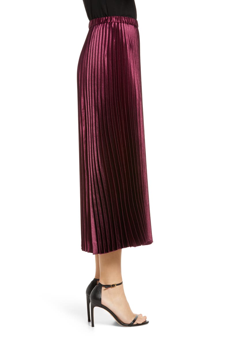 Pleated Satin Midi Skirt, Alternate, color, MERLOT