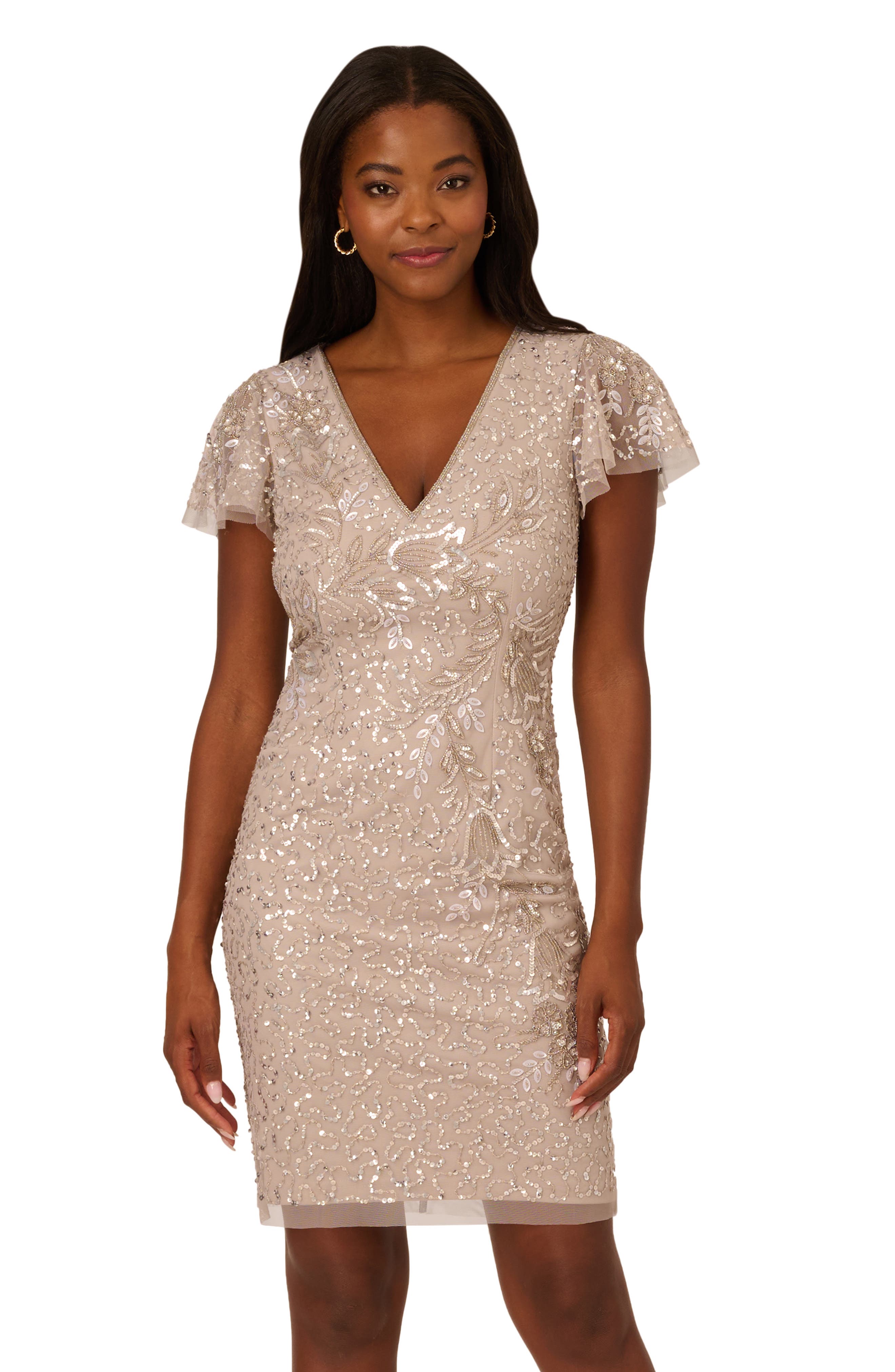 beaded sheath cocktail dress ASHLEYlauren 4760 Plunging Beaded Cocktail Dress