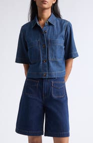 Veronica Beard Spruce Cotton & Silk Blend Denim Button-Up Top