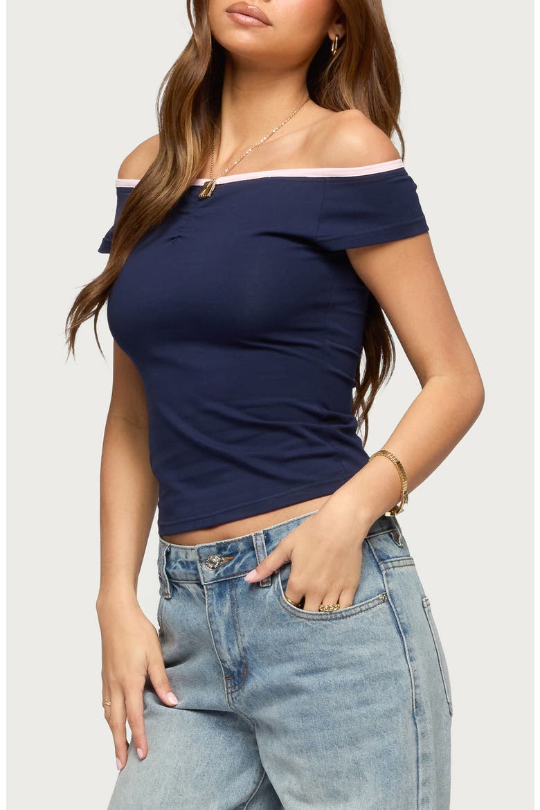 Dellah Contrast Neck Off the Shoulder Top, Alternate, color, NAVY