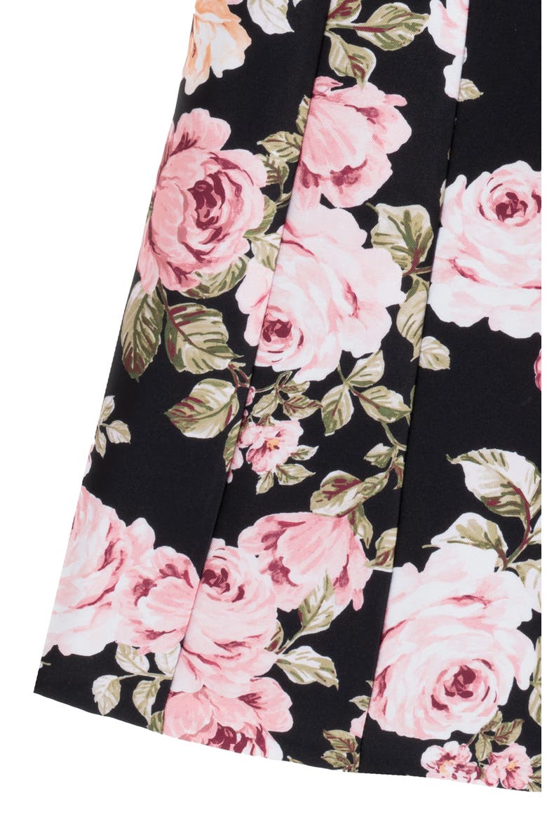 Kids' Floral Bow Paneled Mikado Fit & Flare Dress, Alternate, color, BLACK