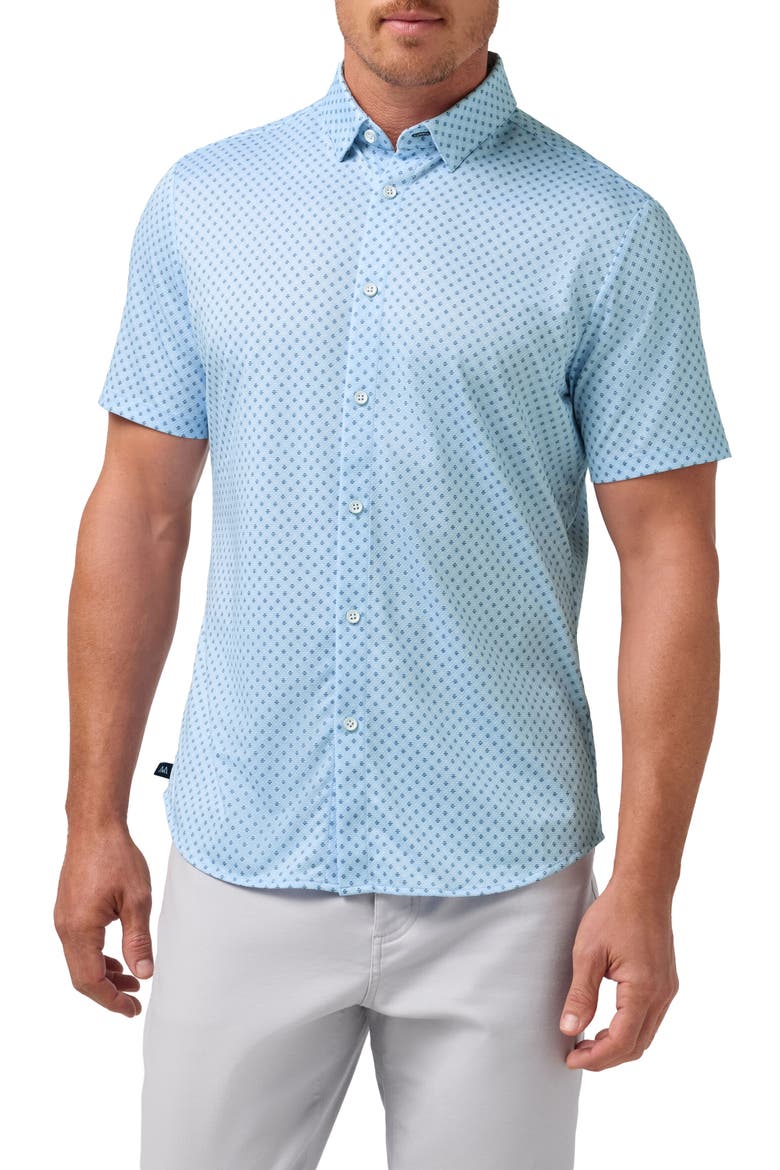 Halyard Print Short Sleeve Performance Button-Up Shirt, Main, color, CLOUD BLUE CIRCLE DASH