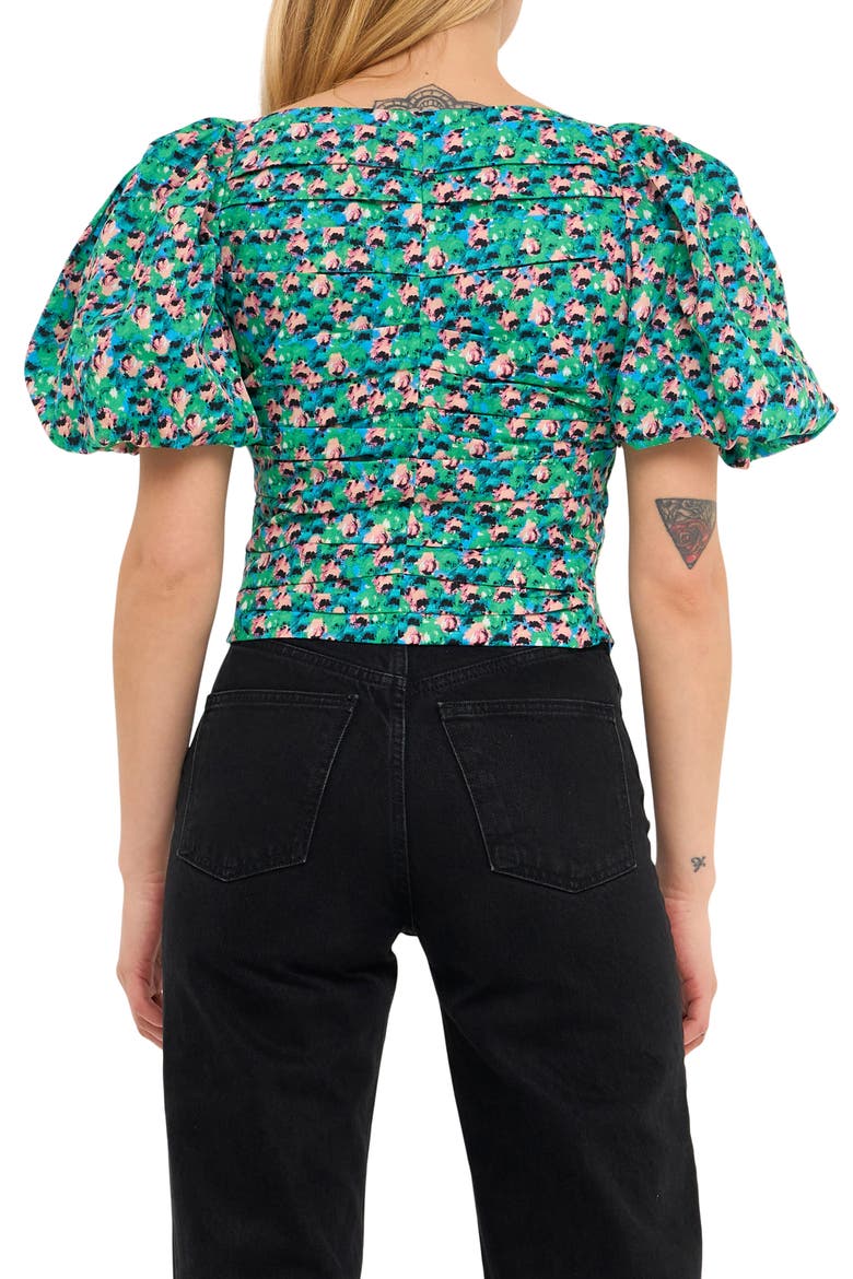 Floral Print Gathered Puff Sleeve Cotton Poplin Blouse, Alternate, color, AQUA MULTI