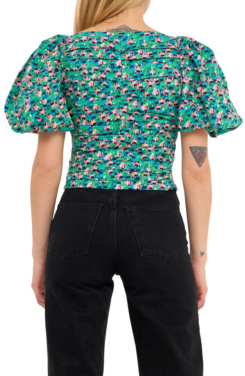 Endless Rose Floral Print Gathered Puff Sleeve Cotton Poplin Blouse, Alternate, color, Aqua Multi