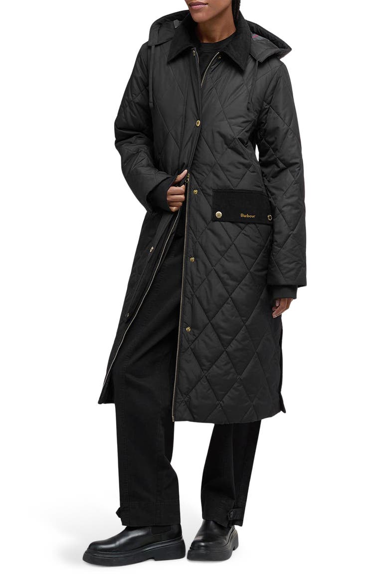 Meredith Quilted Hooded Long Coat, Main, color, BLACK/ CLASSIC TARTAN