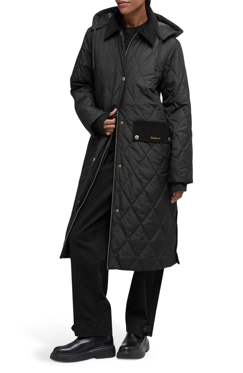 Barbour Meredith Quilted Hooded Long Coat, Main, color, Black/ Classic Tartan