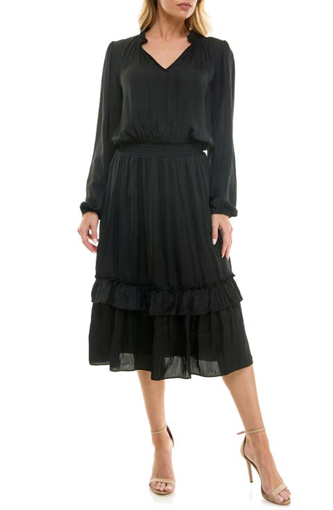 Tiered Long Sleeve Satin Dress