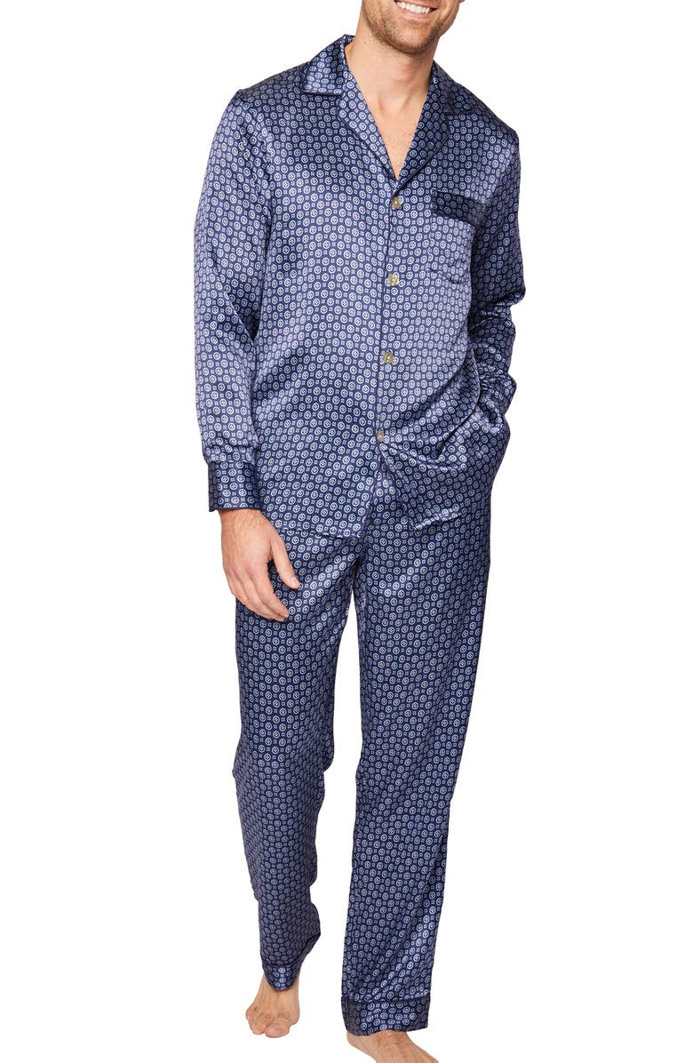 Petite Plume Medallion Mulberry Silk Pajamas, Main, color, Navy