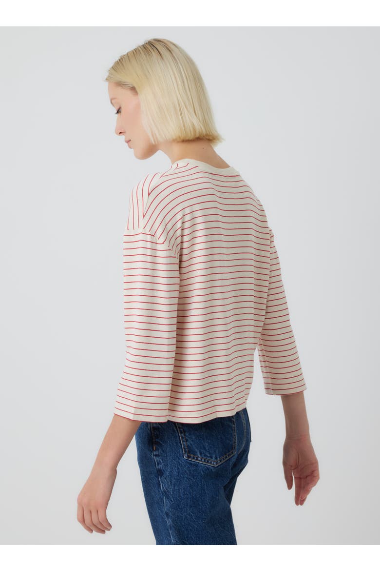 French Terry Novelty Stripe Three-Quarter Sleeve Crewneck, Alternate, color, VERMILLON