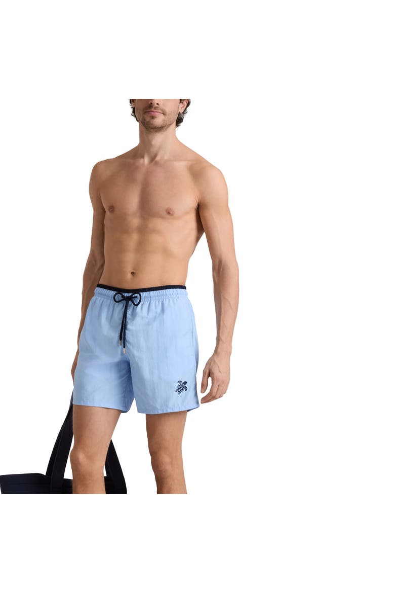 Men's Solid Bicolor Length Swim Trunks, Alternate, color, Flax Flower