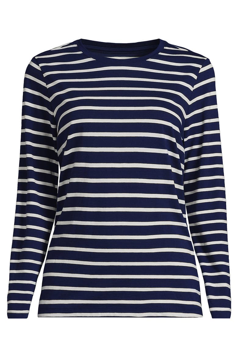 Plus Size Supima Cotton Long Sleeve Crewneck T-Shirt, Alternate, color, Deep Sea/Ivory Breton Stripe