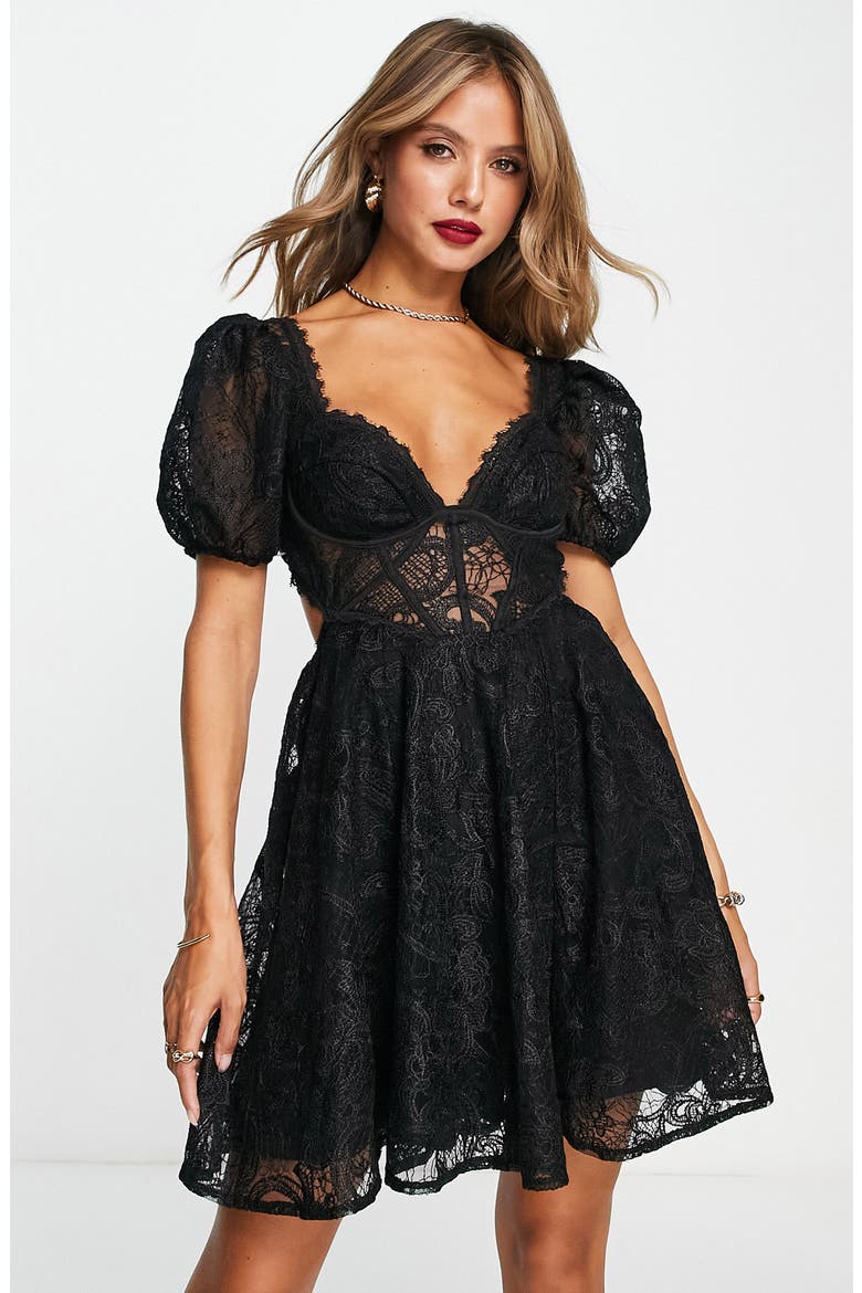Cupped Puff Sleeve Lace Fit & Flare Dress, Alternate, color, BLACK