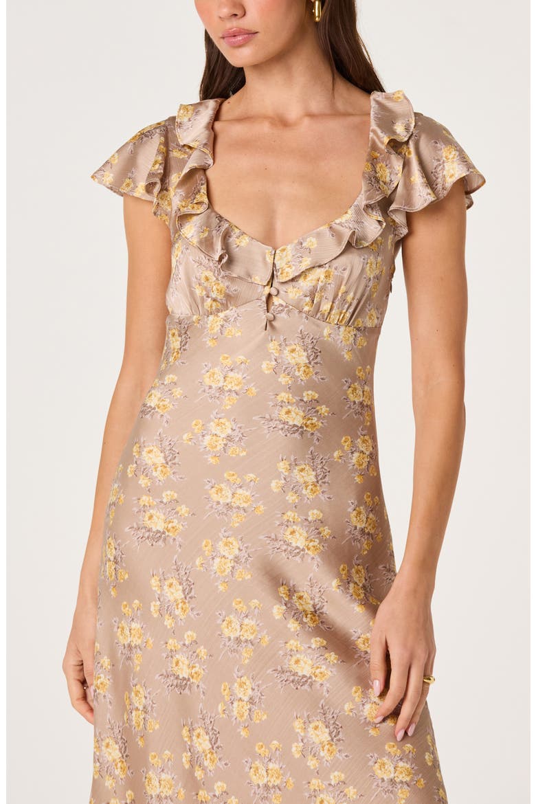 Nico Floral Ruffle Cap Sleeve Midi Dress, Alternate, color, TAUPE YELLOW FLORAL